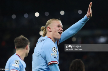 <div style="text-align: start;">Erling Haaland celebrates his fifth goal against RB Leipzig - (Photo by James Gill - Daneshouse/Getty Images)</div>
