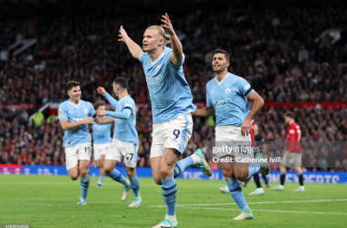 Erling Haaland of Manchester City celebrating after scoring City's second goal of the match. (Photo by Catherine Ivill/Getty Images)