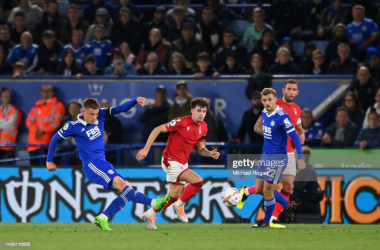 Harvey Barnes scores the second goal of the game at the King Power Stadium (Michael Regan, Getty Images)