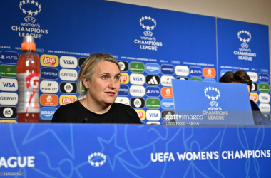 &nbsp;Emma Hayes, Manager of Chelsea, speaks to the media in the post-match press conference after the Lyon first leg. (Photo by Chris Ricco - UEFA/UEFA via Getty Images)