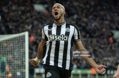 Joelinton celebrates Newcastle’s third goal against Chelsea (via Getty Images, credit Visionhaus)