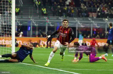 MILAN, ITALY - NOVEMBER 23: Christian Pulisic of AC Milan celebrates after scoring his team&#x27;s first goal during the Serie A match between FC Internazionale and AC Milan at Giuseppe Meazza Stadium on November 23, 2025 in Milan, Italy. (Photo by Giuseppe Cottini/AC Milan via Getty Images)