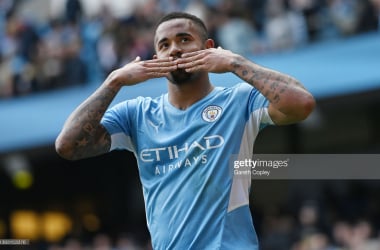 <span style="color: rgb(8, 8, 8); font-family: Lato, sans-serif; font-size: 14px; font-style: normal; text-align: start;">MANCHESTER, ENGLAND - APRIL 23: Gabriel Jesus of Manchester City celebrates after scoring their team's fifth goal during the Premier League match between Manchester City and Watford at Etihad Stadium on April 23, 2022 in Manchester, England. (Photo by Gareth Copley/Getty Images,)</span>