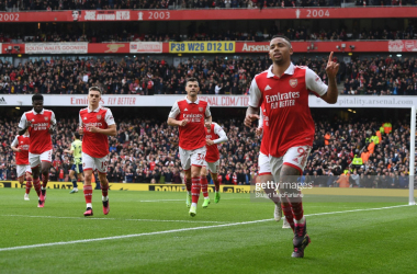Gabriel Jesus celebrates putting Arsenal into the lead. (Photo by Stuart MacFarlane/Getty Images)