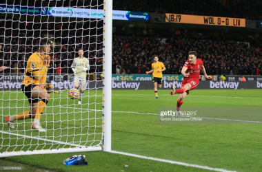 WOLVERHAMPTON, ENGLAND - DECEMBER 04: Diogo Jota of Liverpool has his shot blocked on the line during the Premier League match between Wolverhampton Wanderers and Liverpool at Molineux on December 4, 2021 in Wolverhampton, England. (Photo by Simon Stacpoole/Offside/Offside via Getty Images)