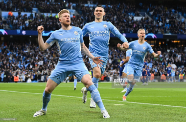 <div class="AssetCard-module__caption___nD2x1" data-testid="caption" style="box-sizing: inherit; padding-bottom: 14px;">MANCHESTER, ENGLAND - APRIL 26: Kevin De Bruyne of Manchester City celebrates after scoring their sides first goal during the UEFA Champions League Semi Final Leg One match between Manchester City and Real Madrid at Etihad Stadium on April 26, 2022 in Manchester, England. (Photo by David Ramos/Getty Images)</div>