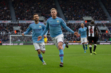 <div>NEWCASTLE UPON TYNE, ENGLAND - NOVEMBER 30: Kevin De Bruyne of Manchester City celebrates after scoring his side's second goal to make the score 1-2 during the Premier League match between Newcastle United and Manchester City at St. James Park on November 30, 2019, in Newcastle upon Tyne, United Kingdom. (Photo by Daniel Chesterton/Offside/Offside via Getty Images)</div>