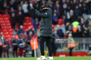 LIVERPOOL, ENGLAND - JANUARY 09: Juergen Klopp, Manager of Liverpool acknowledges the fans following the Emirates FA Cup Third Round match between Liverpool and Shrewsbury Town at Anfield on January 09, 2022 in Liverpool, England. (Photo by Clive Brunskill/Getty Images)