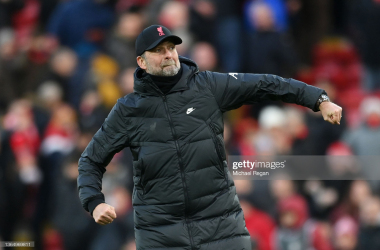 LIVERPOOL, ENGLAND - JANUARY 16: Juergen Klopp, Manager of Liverpool celebrates victory after the Premier League match between Liverpool and Brentford at Anfield on January 16, 2022 in Liverpool, England. (Photo by Michael Regan/Getty Images)