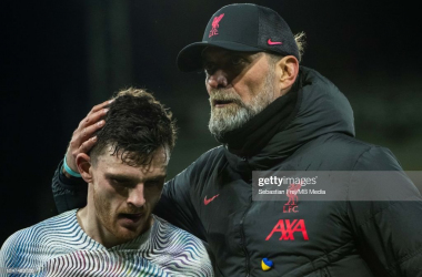 <span style="color: rgb(8, 8, 8); font-family: Lato, sans-serif; font-size: 14px; font-style: normal; text-align: start; background-color: rgb(255, 255, 255);">Andrew Robertson and manager Jurgen Klopp of Liverpool FC during the Premier League match between Crystal Palace and Liverpool FC at Selhurst Park on February 25, 2023 in London, United Kingdom. (Photo by Sebastian Frej/MB Media/Getty Images)</span>