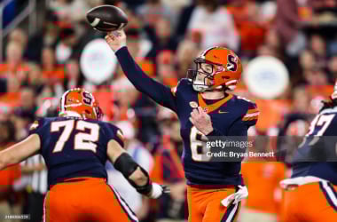 SYRACUSE, NEW YORK - NOVEMBER 30: Kyle McCord #6 of the Syracuse Orange throws a pass during the second quarter against the Miami Hurricanes at JMA Wireless Dome on November 30, 2024 in Syracuse, New York. (Photo by Bryan Bennett/Getty Images)