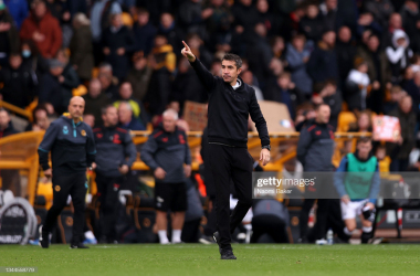 WOLVERHAMPTON, ENGLAND - OCTOBER 02: Bruno Lage, Manager of Wolverhampton Wanderers celebrates towards the fans after his teams victory during the Premier League match between Wolverhampton Wanderers and Newcastle United at Molineux on October 02, 2021 in Wolverhampton, England. (Photo by Naomi Baker/Getty Images)