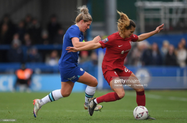 Katie Stengel of Liverpool against Millie Bright of Chelsea in the Vitality Women's FA Cup Fourth Round match at Kingsmeadow last month. (Photo by Harriet Lander - Chelsea FC/Chelsea FC via Getty Images)