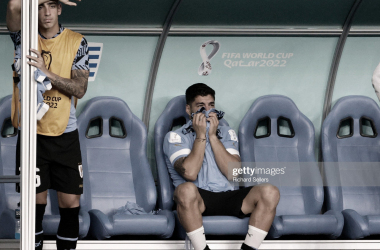 EN SHOCK.&nbsp; Luis Suárez apuntó con la FIFA tras la dura eliminación de su Uruguay, el "9" se despidió de la cita mundialista. Foto: Getty images