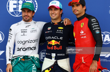 Perez, pictured in the middle, has an great opportunity to close the gap again to Verstappen in the championship after securing pole position (Photo by Mark Thompson/Getty Images).