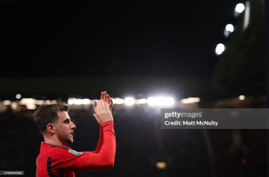 Mason Mount of Manchester United applauding the fans at Old Trafford. (Photo by Matt McNulty/Getty Images)