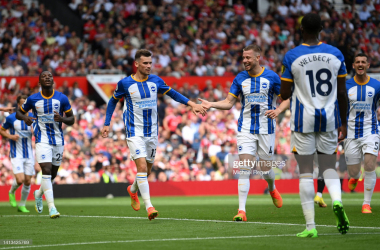 Pascal Gross celebrates his second goal with Brighton & Hove Albion team-mates: Michael Regan/GettyImages