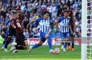 Karou Mitoma prods the ball past Neto to put Brighton 2-1 up against Bournemouth - Eddie Keogh, Getty Images