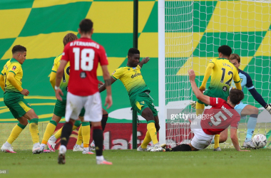 <div>Norwich City v Manchester United - FA Cup: Quarter Final</div><div>NORWICH, ENGLAND - JUNE 27: Harry Maguire of Manchester United scores his teams second goal during the FA Cup Quarter Final match between Norwich City and Manchester United at Carrow Road on June 27, 2020 in Norwich, England. (Photo by Catherine Ivill/Getty Images)</div>