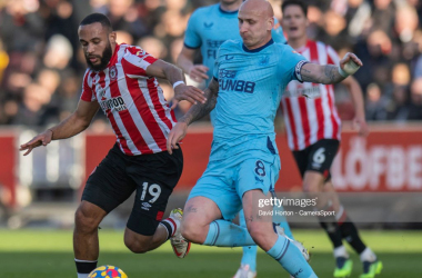 Bryan Mbuemo and Jonjo Shelvey battle in the last time the sides met - Image courtesy of Getty Images (David Horton - CameraSport)