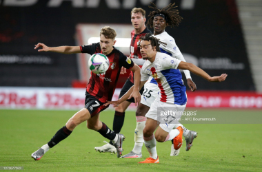 <p class="MsoNormal" align="center"><span>BOURNEMOUTH, ENGLAND - SEPTEMBER 15: David Brooks of Bournemouth with Nya Kirby and Eberechi Eze of Crystal Palace during the Carabao Cup Second Round match between AFC Bournemouth and Crystal Palace at Vitality Stadium on September 15, 2020 in Bournemouth, England. (Photo by Robin Jones - AFC Bournemouth/AFC Bournemouth via Getty Images)</span><b><span></span></b></p>