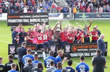 The York players celebrate their promotion back to the National League (Photo: Ryan Brookes)