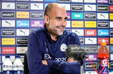<div>MANCHESTER, ENGLAND - DECEMBER 13: Manchester City's Pep Guardiola speaks to the press prior to Manchester City's Premier League clash against Leeds United at Manchester City Football Academy on December 13, 2021 in Manchester, England. (Photo by Matt McNulty - Manchester City/Manchester City FC via Getty Images)</div>