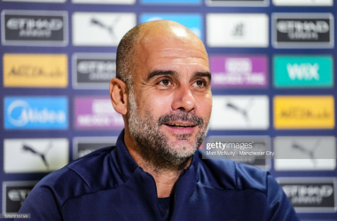 <div>MANCHESTER, ENGLAND - DECEMBER 13: Manchester City's Pep Guardiola speaks to the press prior to Manchester City's Premier League clash against Leeds United at Manchester City Football Academy on December 13, 2021 in Manchester, England. (Photo by Matt McNulty - Manchester City/Manchester City FC via Getty Images)</div>