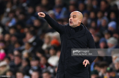 <p>Pep Guardiola delivers instructions during City's 7-0 win over Leipzig - (Photo by Robbie Jay Barratt - AMA/Getty Images)<br></p><br data-cke-eol="1">