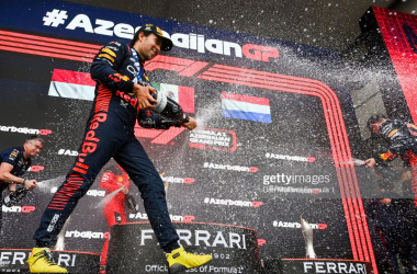 <p class="MsoNormal" style="margin: 0cm; font-size: 12pt; font-family: Calibri, sans-serif; color: rgb(0, 0, 0); font-style: normal; text-align: start;">BAKU, AZERBAIJAN - APRIL 30: Race winner Sergio Perez of Mexico and Oracle Red Bull Racing celebrates on the podium during the F1 Grand Prix of Azerbaijan at Baku City Circuit on April 30, 2023 in Baku, Azerbaijan. (Photo by Dan Mullan - Formula 1/Formula 1 via Getty Images)<o:p></o:p></p>
