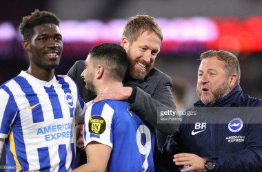 Graham Potter congratulates Neal Maupay on his late leveller at West Ham United
