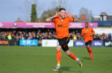 Barnet FC's Harry Pritchard celebrates the 2nd goal of the game at Grosvenor Vale during Barnet FC's clash with Wealdstone FC on Saturday 25th March 2023. (Credit: Kieran Falcon - @BarnetFC)