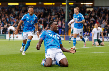 Isaac Olaofe celebrates after completing his hat-trick against Wrexham/Photo: Stockport County FC