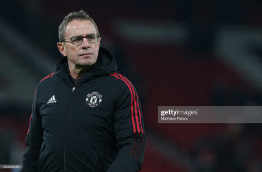 MANCHESTER, ENGLAND - JANUARY 10: Interim Manager Ralf Rangnick of Manchester United walks off after the Emirates FA Cup Third Round match between Manchester United and Aston Villa at Old Trafford on January 10, 2022 in Manchester, England. (Photo by Matthew Peters/Manchester United via Getty Images)