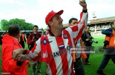 Matt Le Tissier celebrates after avoiding relegation following a Premier League match between Southampton and Everton  in 1999. (Photo by Mark Liley/Sportsphoto/Allstar via Getty Images)