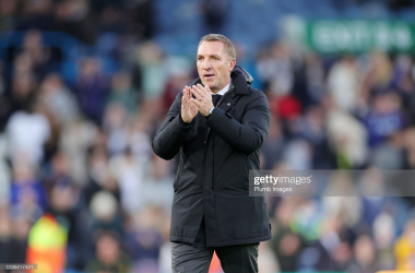Leicester City Manager Brendan Rodgers applauds the travelling Leicester City fans after the Premier League match between Leeds United and Leicester City at Elland Road on November 7, 2021 in Leeds, England. (Photo by Plumb Images/Leicester City FC via Getty Images)