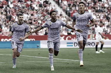 Rodrygo Goes celebra un gol en el Ramón Sánchez Pizjuán / Fuente: Real Madrid
