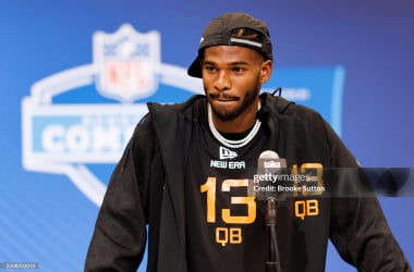 Shedeur Sanders speaks to the media at the 2025 NFL Scouting Combine. Photo by Brooke Sutton/Getty Images