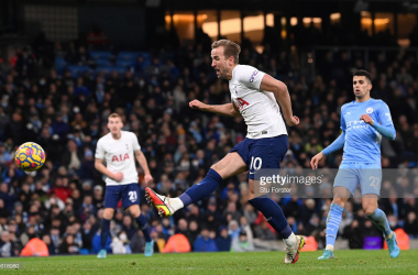 Harry Kane scoring the second goal at the sides meeting at the Etihad last season. (Photo by Stu Forster/Getty Images)