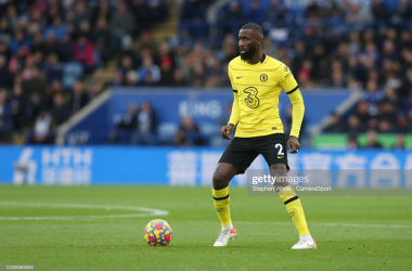 Antonio Rudiger looks for a pass against Leicester City: Stephen White - CameraSport/GettyImages