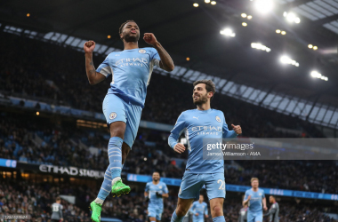 <div>MANCHESTER, ENGLAND - DECEMBER 26: Raheem Sterling of Manchester City celebrates after scoring a goal to make it 4-0 during the Premier League match between Manchester City and Leicester City at Etihad Stadium on December 26, 2021 in Manchester, England. (Photo by James Williamson - AMA/Getty Images)</div>