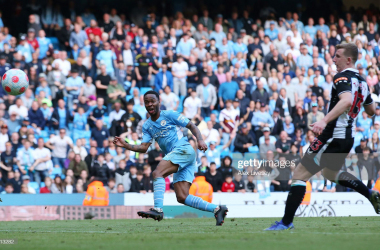 <div class="AssetCard-module__caption___nD2x1" data-testid="caption" style="box-sizing: inherit; padding-bottom: 14px;">MANCHESTER, ENGLAND - MAY 08: Raheem Sterling of Manchester City scores their side's fifth goal during the Premier League match between Manchester City and Newcastle United at Etihad Stadium on May 08, 2022 in Manchester, England. (Photo by Alex Livesey/Getty Images)</div>