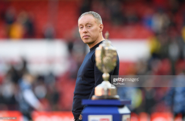 Steve Cooper, Nottingham Forest head coach glances at the Brian Clough Trophy during the Sky Bet Championship match between Nottingham Forest and Derby County at the City Ground, Nottingham on Saturday 22nd January 2022. (Photo by Jon Hobley/MI News/NurPhoto via Getty Images)