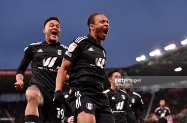 STOKE ON TRENT, ENGLAND - JANUARY 22: Bobby Reid of Fulham celebrates after scoring his sides third goal during the Sky Bet Championship match between Stoke City and Fulham at Bet365 Stadium on January 22, 2022 in Stoke on Trent, England. (Photo by Nathan Stirk/Getty Images)