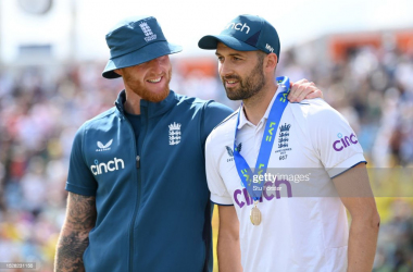 Captain Ben Stokes shows appreciation to the excellent Mark Wood - Photo by Stu Forster - Getty Images