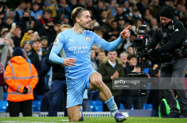 <div>MANCHESTER, ENGLAND - DECEMBER 14: Jack Grealish of Manchester City celebrates after scoring their side's second goal during the Premier League match between Manchester City and Leeds United at Etihad Stadium on December 14, 2021 in Manchester, England. (Photo by Alex Livesey/Getty Images)</div>