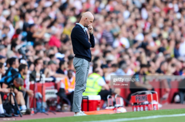 Manchester United manager Erik ten Hag looking pensive during Arsenal vs Manchester United at the Emirates Stadium in North London. (Photo by Robin Jones/Getty Images)