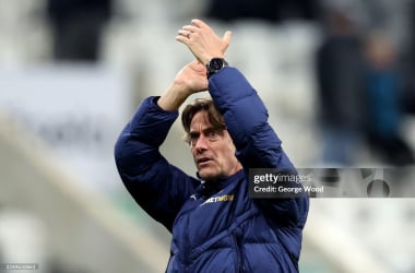 Thomas Frank applauds the away fans after his side snatched a dramatic point against Newcastle. (Photo by George Wood&#x27;Getty Images)