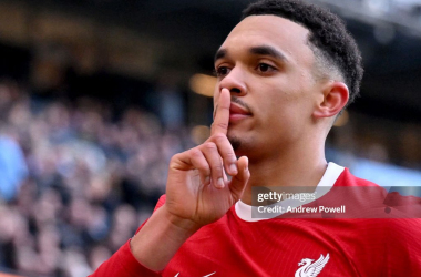 Trent Alexander-Arnold of Liverpool celebrating after equalising against Manchester City. (Photo by Andrew Powell/Liverpool FC via Getty Images)
