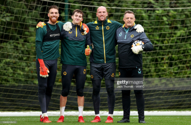 WOLVERHAMPTON, ENGLAND - SEPTEMBER 14: (L-R) Jose Sa, Louie Moulden, John Ruddy and Tony Roberts, Goalkeeper Coach of Wolverhampton Wanderers pose for a photo during a Wolverhampton Wanderers Training Session at Sir Jack Hayward Training Ground on September 14, 2021 in Wolverhampton, England. (Photo by Jack Thomas - WWFC/Wolves via Getty Images)